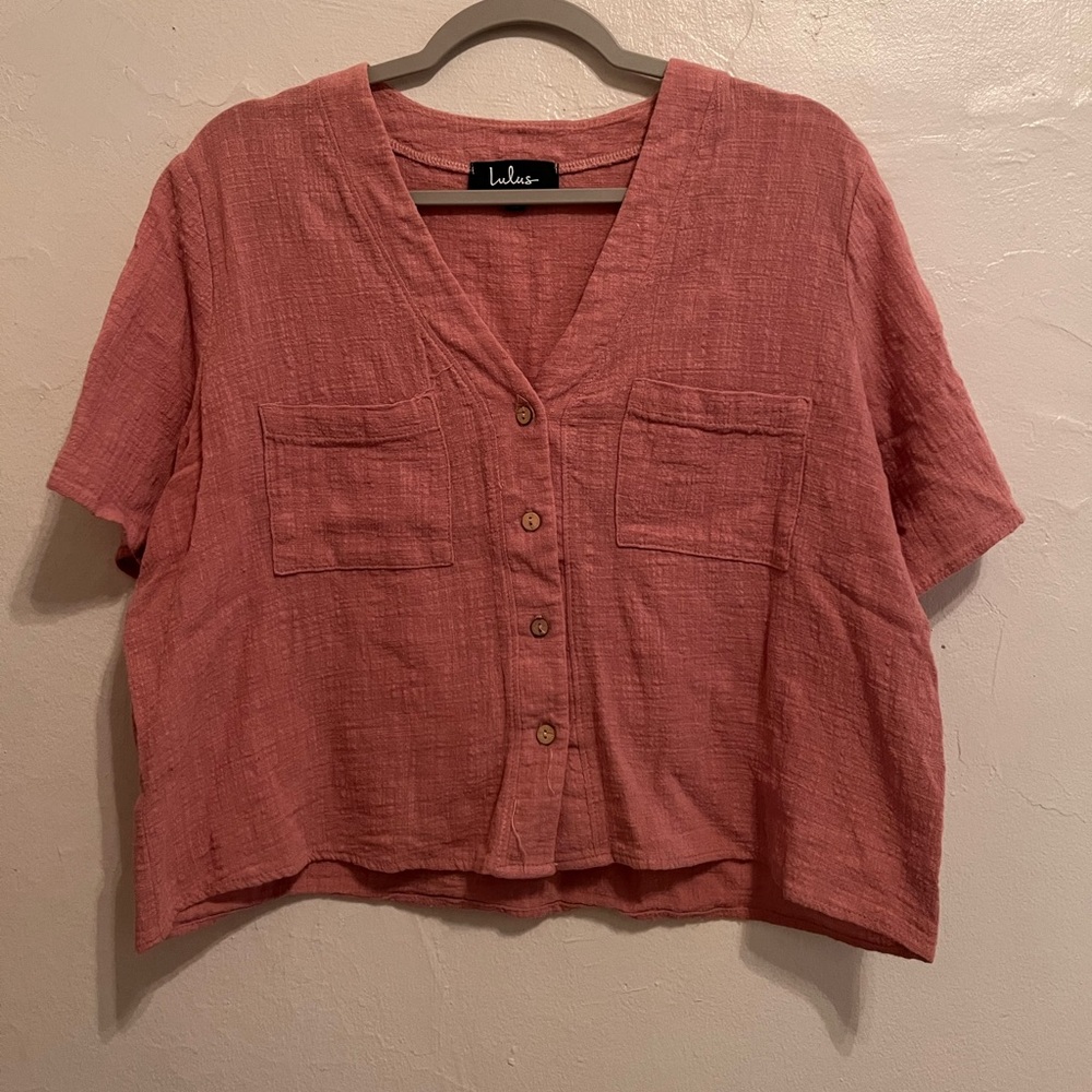 Lulus Lift My Spirits Blush Pink Button-up Crop Top